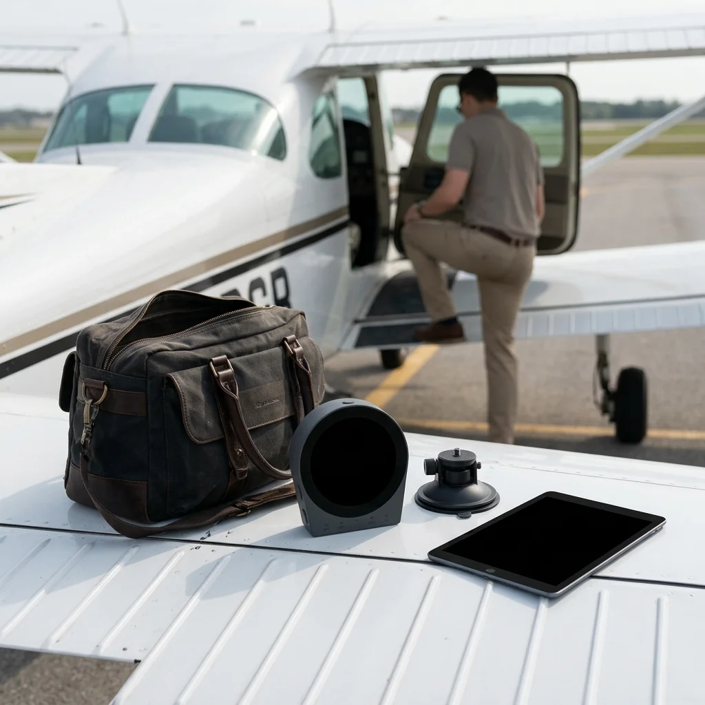 Pilot preparing for flight with SkyRecon device, tablet, and flight bag on aircraft wing