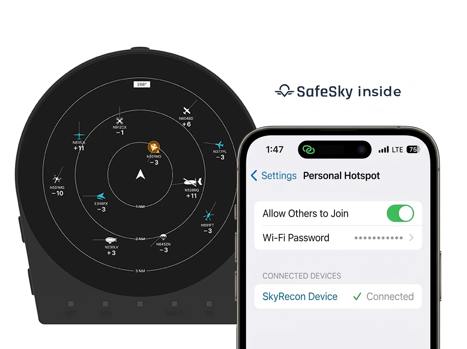 SkyRecon device tethered to phone for SafeSky Inside connectivity
